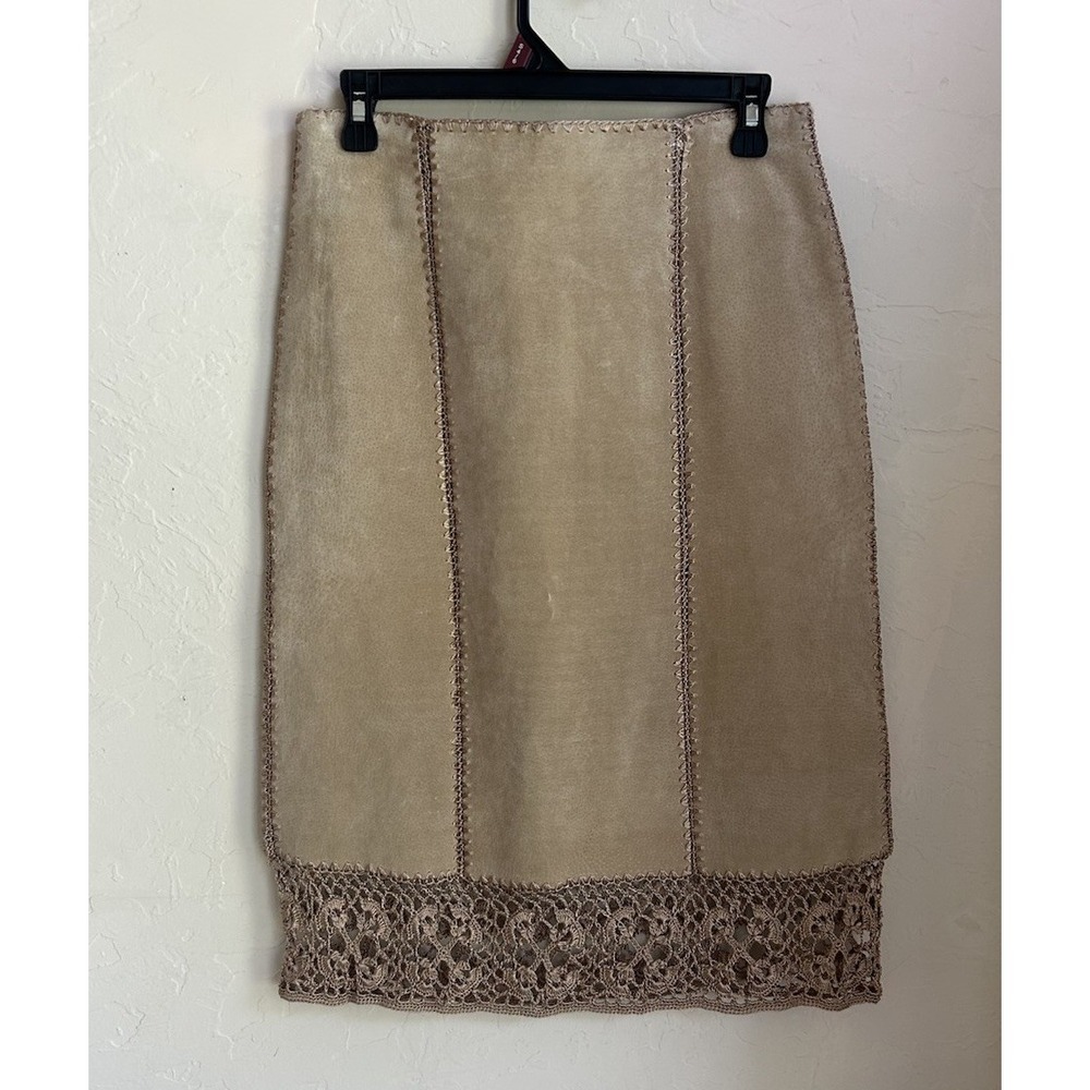 Vintage IDI Y2K 90s Beige Leather Suede Crochet Trim Skirt M